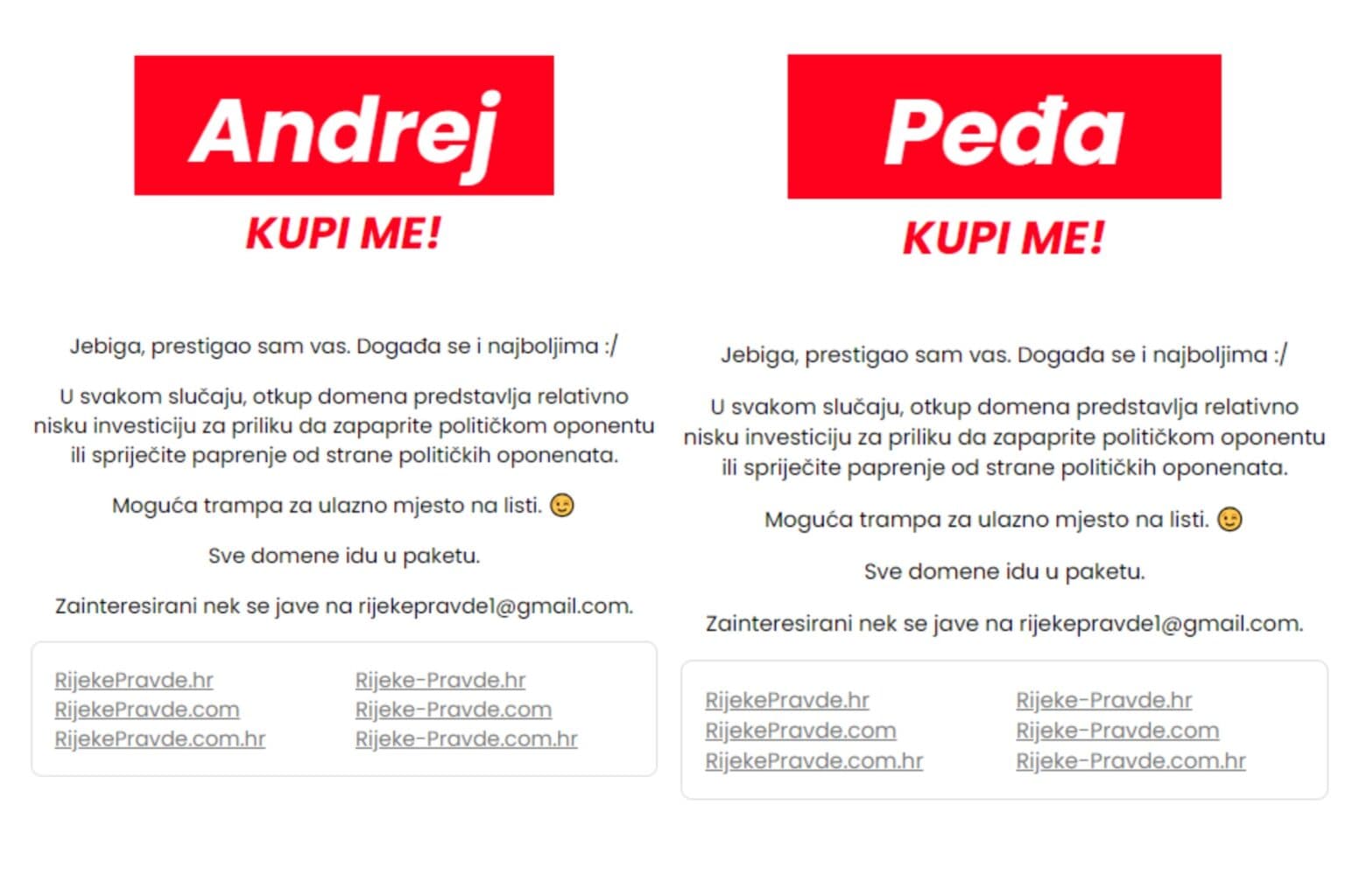 Netko je zakupio domenu rijekepravde.hr, nudi je Grbinu ili Plenkoviću za novac ili mjesto na listi